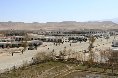 High angle view of buildings against sky