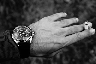 Cropped image of hand holding wood