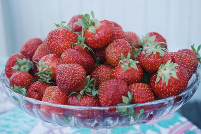 Close-up of strawberries in bowl on table