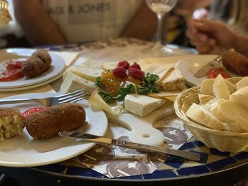 Close-up of breakfast served on table