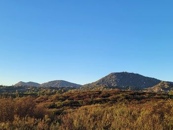 Scenic view of mountains against clear blue sky