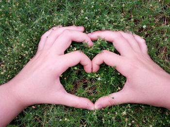 Close-up of hand holding heart shape on grass