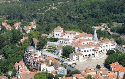 High angle view of buildings in town