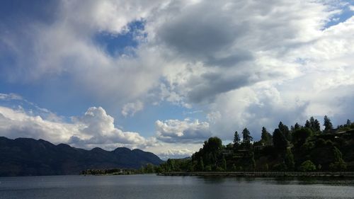 Scenic view of lake by trees against sky