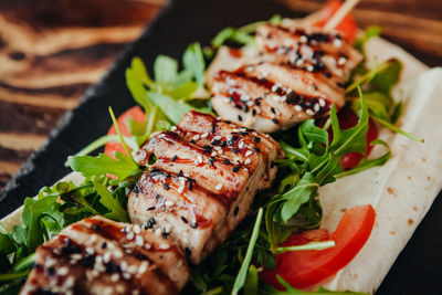 Close-up of meal served on slate