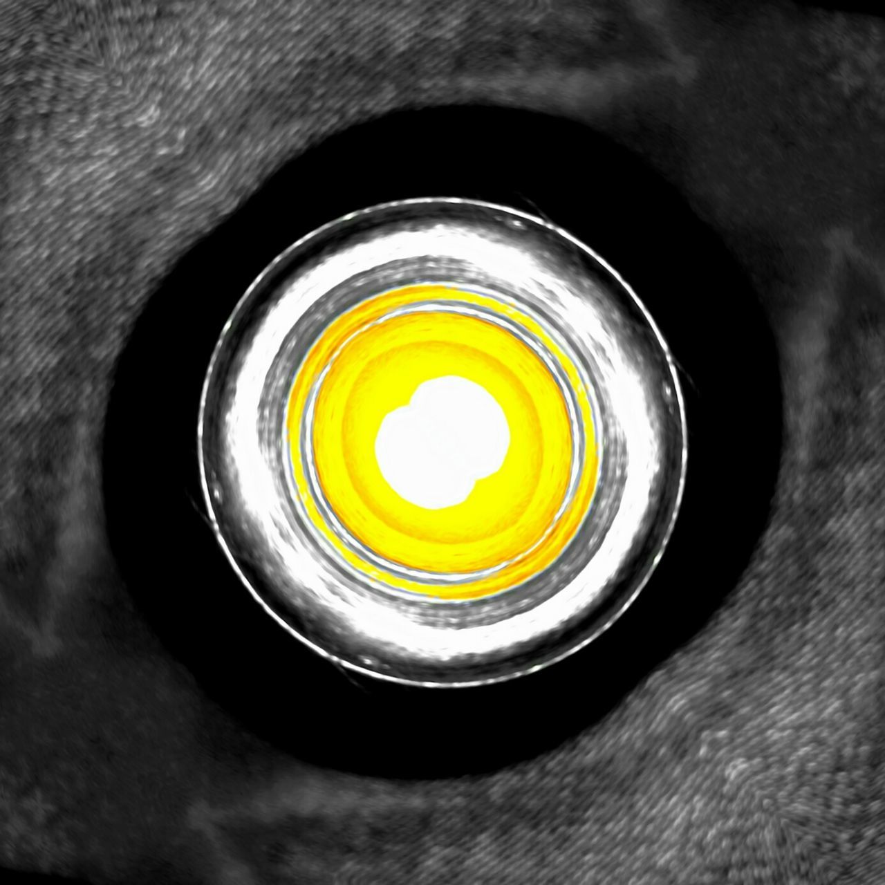 wheel, yellow, circle, geometric shape, shape, close-up, no people, indoors, black, directly above, light, macro photography, household equipment, food and drink, black and white