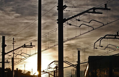 Low angle view of electricity pylon against cloudy sky