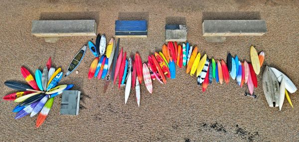 High angle view of multi colored kayaks