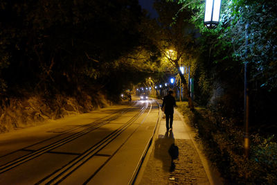 Rear view of man walking on sidewalk