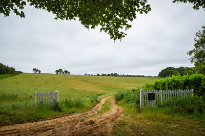 Road passing through field against cloudy sky