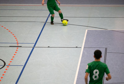 High angle view of man playing soccer