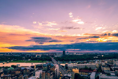 High angle view of townscape against sky during sunset