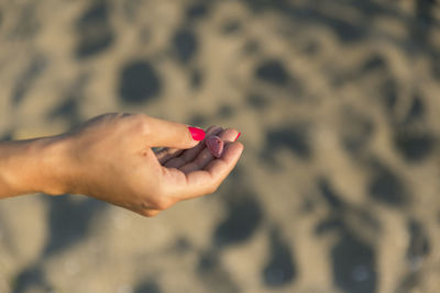 Close-up of woman hand holding sand on beach