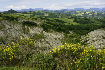 Scenic view of landscape and mountains against sky