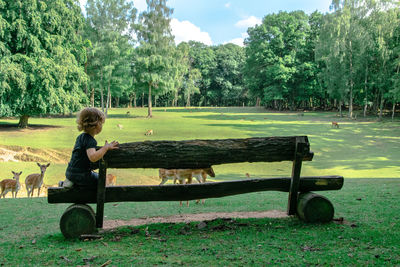 Boy sitting on bench in park