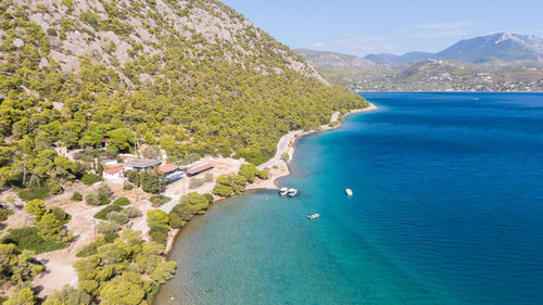 High angle view of bay against sky