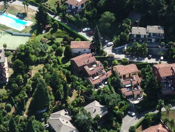 High angle view of trees in city