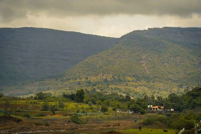 Scenic view of field and mountains against sky