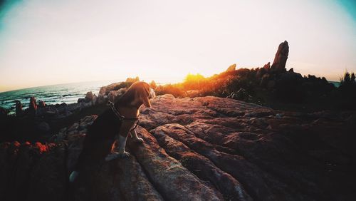 People on rock against sky during sunset