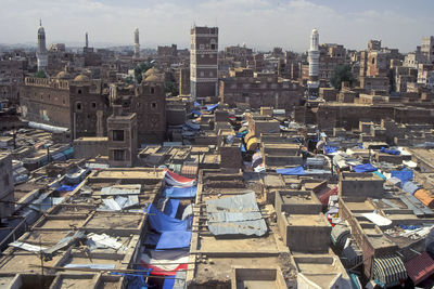 High angle view of buildings in city