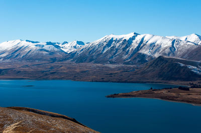 Scenic view of lake and snowcapped mountains against sky