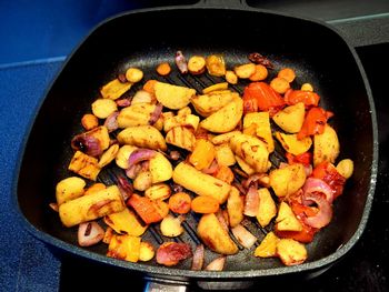 High angle view of meat in cooking pan