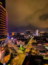 High angle view of illuminated city buildings in surabaya