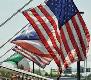 Low angle view of flag against sky