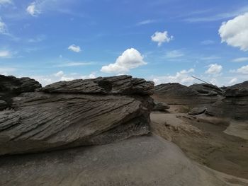 Rock formations on landscape against sky