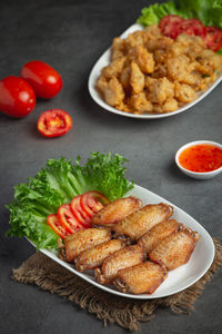 High angle view of food in plate on table