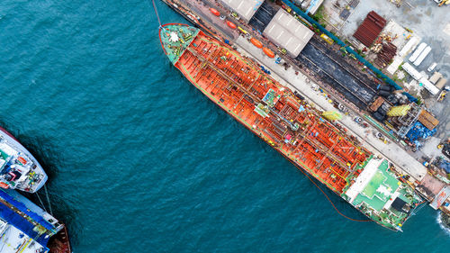 High angle view of boats in sea