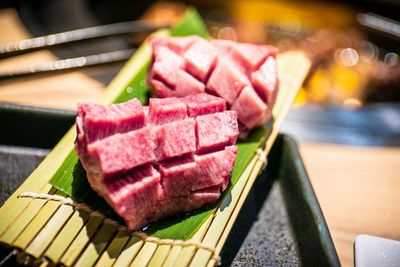 Close-up of meat in plate on table