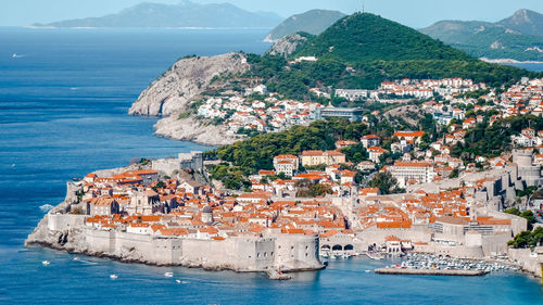 High angle view of townscape by sea. dubrovnik, croatia