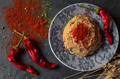 High angle view of red chili peppers in plate on table