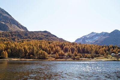 Scenic view of lake and mountains against clear sky