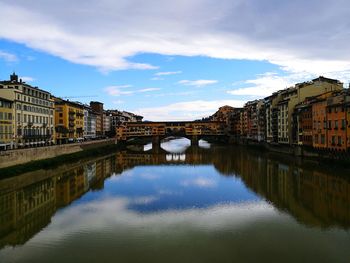 Arch bridge over river against buildings in city