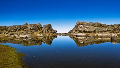 Reflection of rock formations in lake against clear blue sky