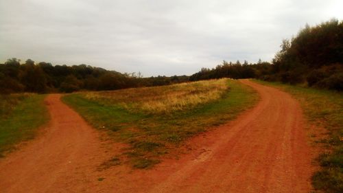 Dirt road amidst field against sky