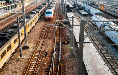 High angle view of train at railroad station