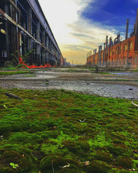 Surface level of road by buildings against sky during sunset