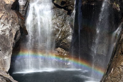 View of rainbow over waterfall