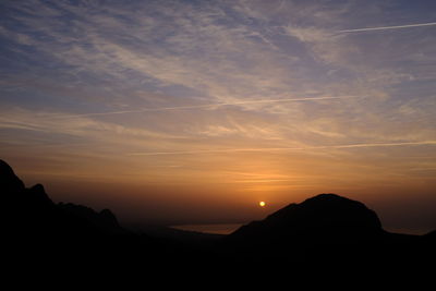 Low angle view of silhouette mountain against sky during sunset