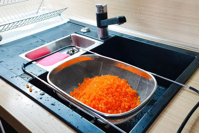 High angle view of meat in kitchen