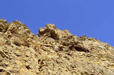 Low angle view of rock formation against clear blue sky