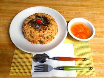 High angle view of breakfast served on table