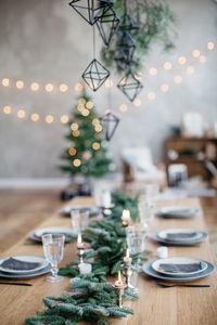 Close-up of christmas decoration on table at home