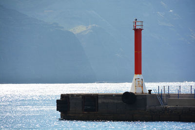 Lighthouse by sea against sky