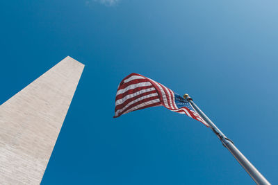 Low angle view of flag against clear blue sky