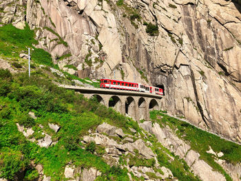 View of train passing through rocky mountains