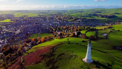 High angle view of buildings in city